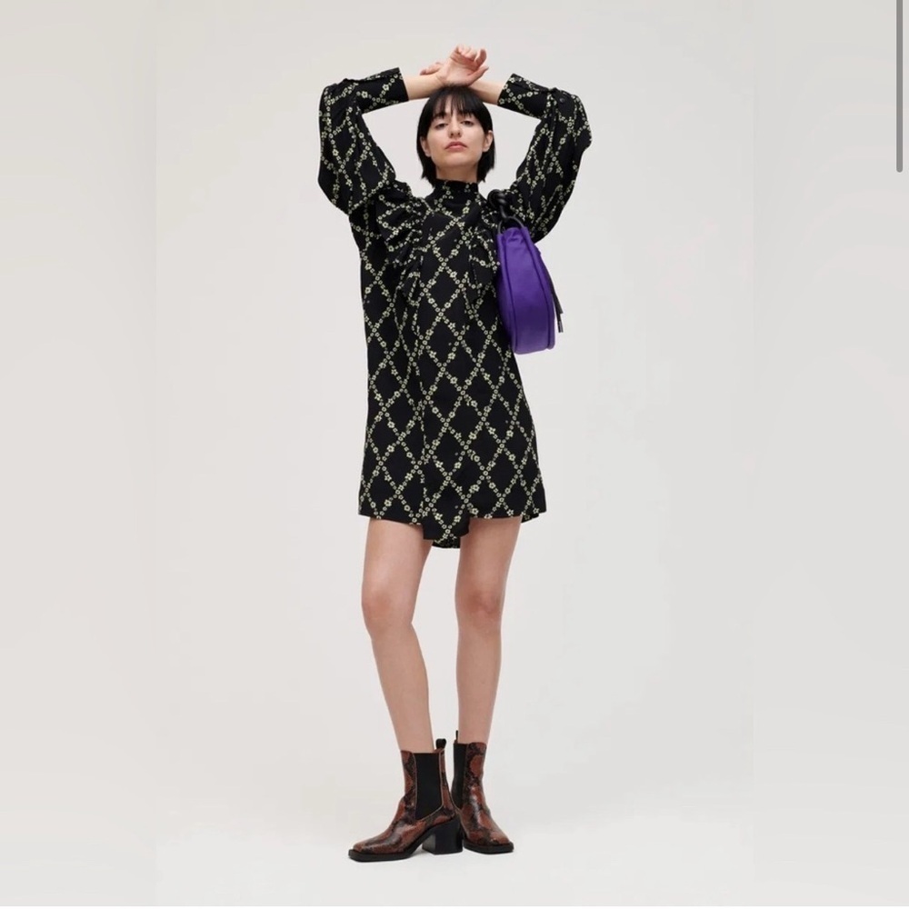 GANNI I Printed Crepe Ruffle High Collar Dress Size 34 XS